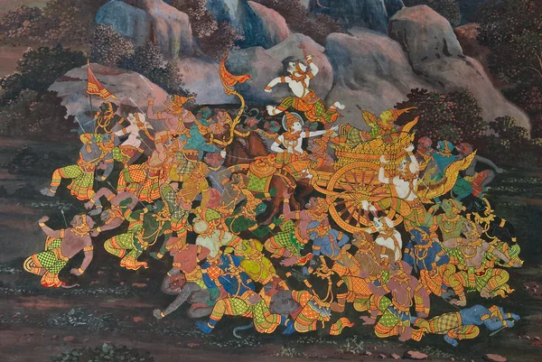 Obra maestra de arte tradicional de pintura de estilo tailandés en la pared del templo en Bangkok, Tailandia —  Fotos de Stock
