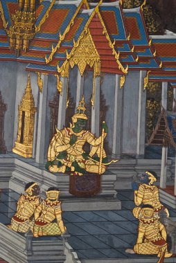 bangkok, Tayland, tapınak duvarında geleneksel Tay tarzı resim sanatının şaheser