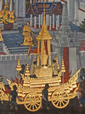 bangkok, Tayland, tapınak duvarında geleneksel Tay tarzı resim sanatının şaheser