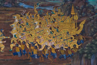 bangkok, Tayland, tapınak duvarında geleneksel Tay tarzı resim sanatının şaheser