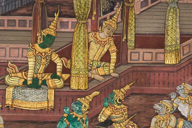 bangkok, Tayland, tapınak duvarında geleneksel Tay tarzı resim sanatının şaheser