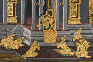 bangkok, Tayland, tapınak duvarında geleneksel Tay tarzı resim sanatının şaheser