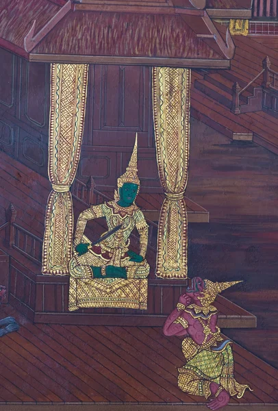 Meisterwerk traditioneller thailändischer Malerei an der Tempelwand in Bangkok, Thailand — Stockfoto