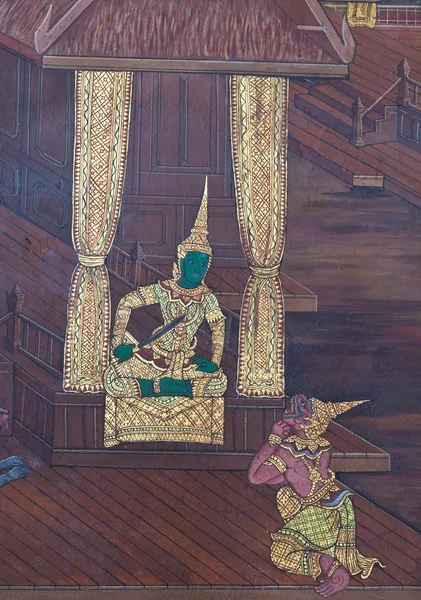 Masterpiece of traditional Thai style painting art on temple wall at Bangkok,Thailand — Stock Photo, Image