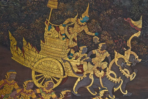 Masterpiece of traditional Thai style painting art on temple wall at Bangkok,Thailand — Stock Photo, Image