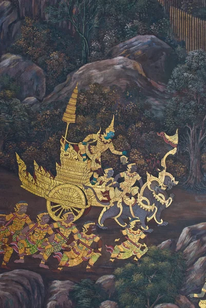 Meesterwerk van traditionele Thaise stijl schilderij kunst op tempel muur van bangkok, thailand — Stockfoto