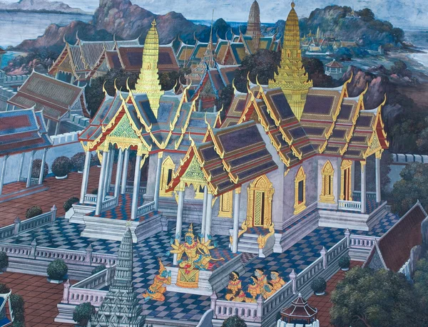 Chef-d'œuvre de la peinture traditionnelle de style thaïlandais sur le mur du temple à Bangkok, Thaïlande — Photo