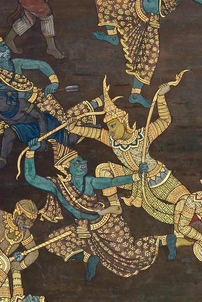 Meisterwerk traditioneller thailändischer Malerei an der Tempelwand in Bangkok, Thailand — Stockfoto