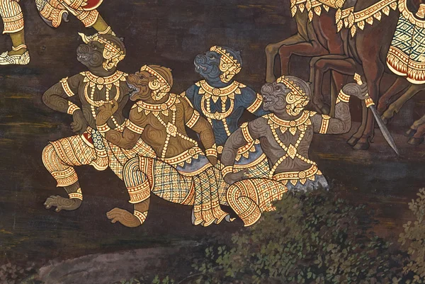 Meisterwerk traditioneller thailändischer Malerei an der Tempelwand in Bangkok, Thailand — Stockfoto