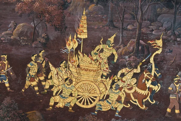 Chef-d'œuvre de la peinture traditionnelle de style thaïlandais sur le mur du temple à Bangkok, Thaïlande — Photo