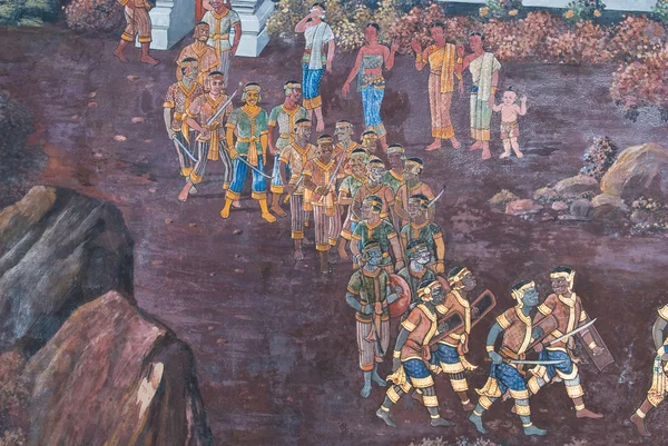 Meesterwerk van traditionele Thaise stijl schilderij kunst op tempel muur van bangkok, thailand — Stockfoto