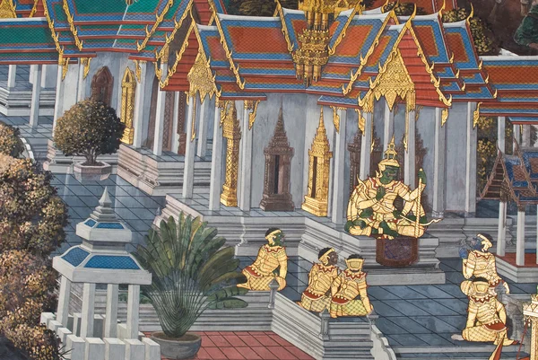 Obra maestra de arte tradicional de pintura de estilo tailandés en la pared del templo en Bangkok, Tailandia — Foto de Stock