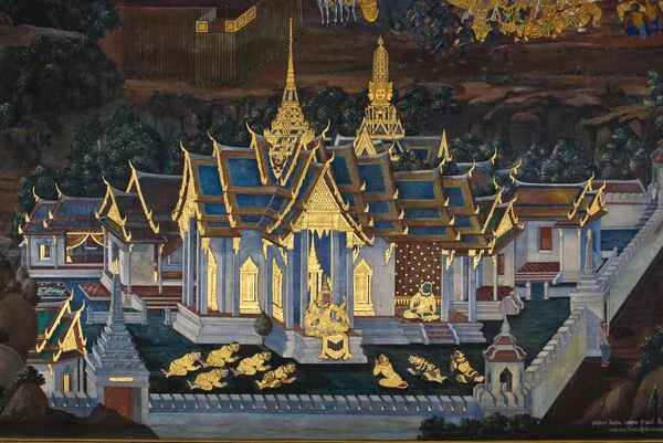 Masterpiece of traditional Thai style painting art on temple wall at Bangkok,Thailand — Stock Photo, Image