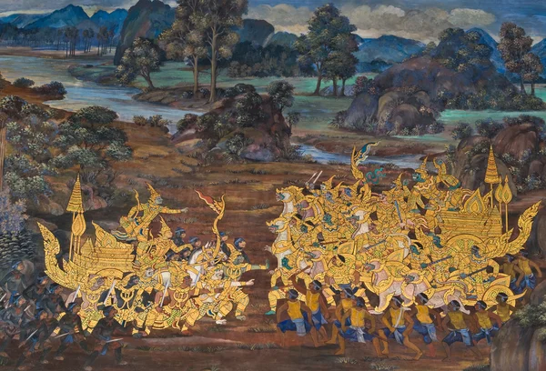 Obra-prima do estilo tradicional tailandês pintura arte na parede do templo em Bangkok, Tailândia — Fotografia de Stock