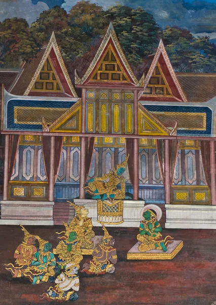 Шедевр традиционной живописи в тайском стиле на стене храма в Бангкоке, Таиланд — стоковое фото
