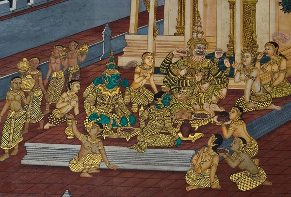 Masterpiece of traditional Thai style painting art on temple wall at Bangkok,Thailand — Stock Photo, Image