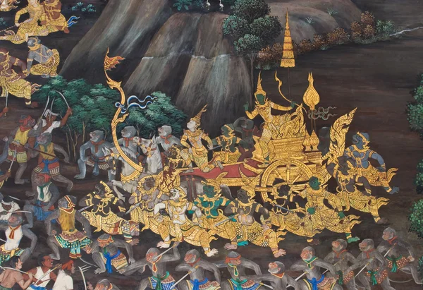 Masterpiece of traditional Thai style painting art on temple wall at Bangkok,Thailand — Stock Photo, Image