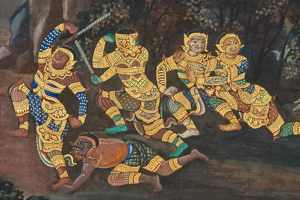 Meesterwerk van traditionele Thaise stijl schilderij kunst op tempel muur van bangkok, thailand — Stockfoto