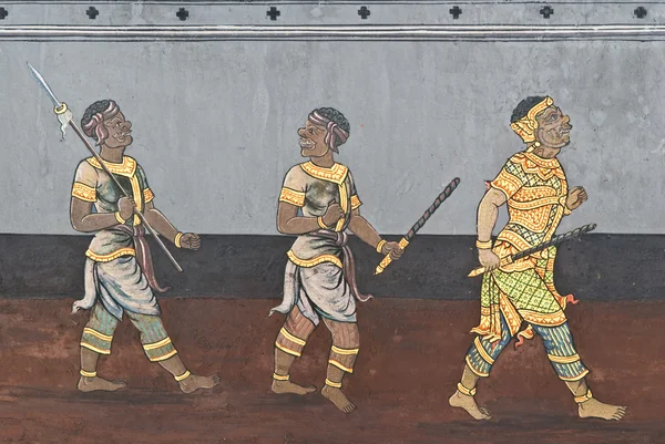 Obra-prima do estilo tradicional tailandês pintura arte na parede do templo em Bangkok, Tailândia — Fotografia de Stock