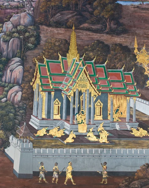 Obra-prima do estilo tradicional tailandês pintura arte na parede do templo em Bangkok, Tailândia — Fotografia de Stock