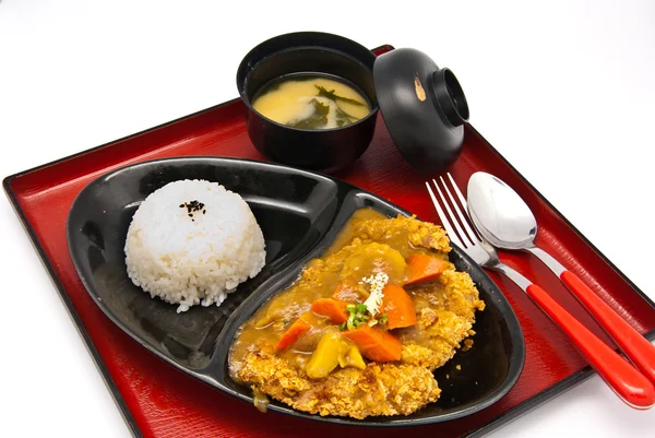 Bento, japansk mat stil, stekt kyckling och ris och soppa — Stockfoto