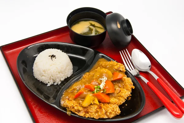 Bento, japansk mat stil, stekt kyckling och ris och soppa — Stockfoto