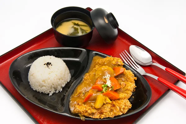 Bento, cuisine japonaise, poulet frit et riz et soupe — Photo