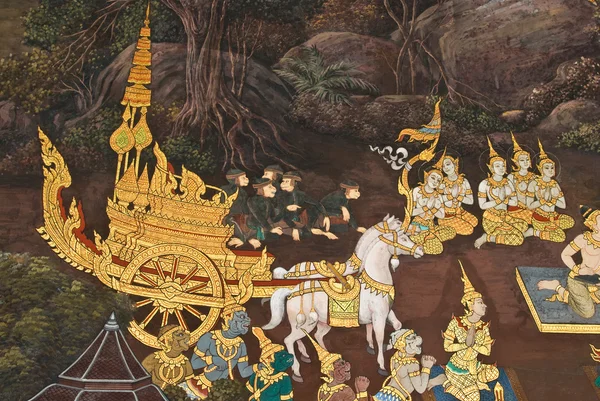 Masterpiece of traditional Thai style painting art on temple wa — Stock Photo, Image