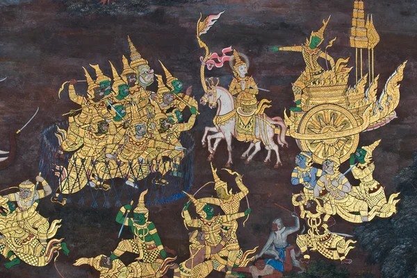 Masterpiece of traditional Thai style painting art on temple wa — Stock Photo, Image