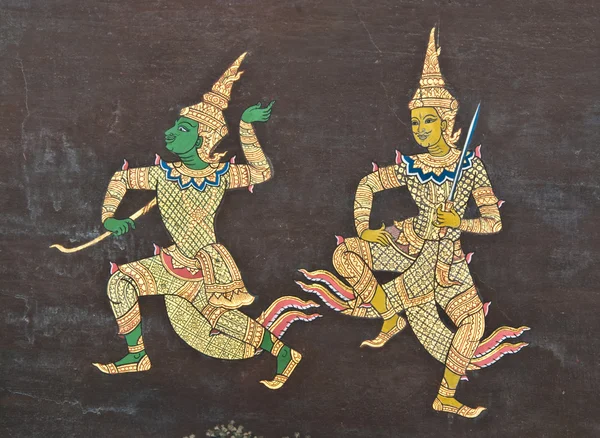 Masterpiece of traditional Thai style painting art on temple wa — Stock Photo, Image