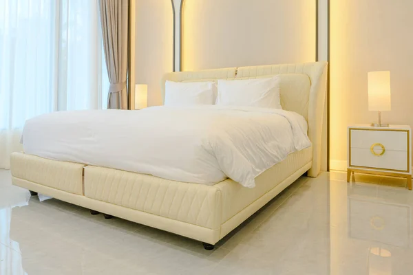 Крупним Планом Сучасний Стиль Дизайну Інтер Єру Двомісного Ліжка Спальні — стокове фото