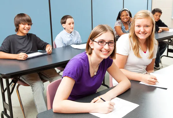 Zes schoolkinderen in de klas — Stockfoto