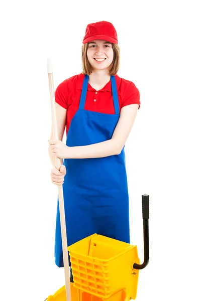 Cheerful Teenage Worker with Mop Stock Picture
