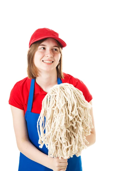 Teen pracovník v uniformě s mopem — Stock fotografie