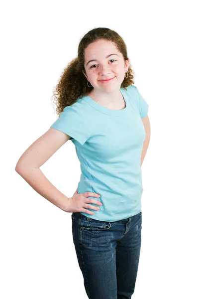 Schattige latina meisje in leeg blauw t-shirt — Stockfoto