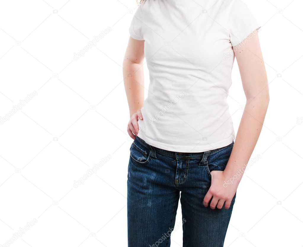 Teen model wearing a blank white t-shirt, ready for text or logo. Isolated on white.