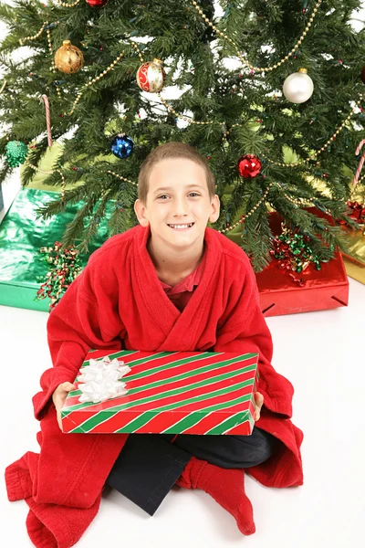 Little Boy Under Christmas Tree with Gift — Stock Photo, Image