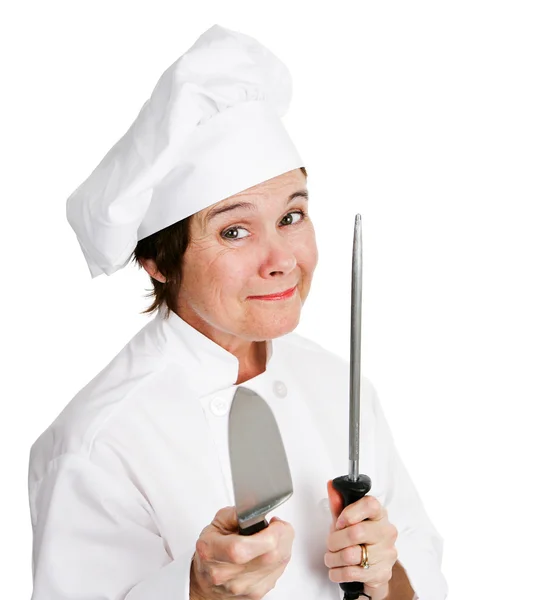 Chef Sharpens Kitchen Knife — Stock Photo, Image