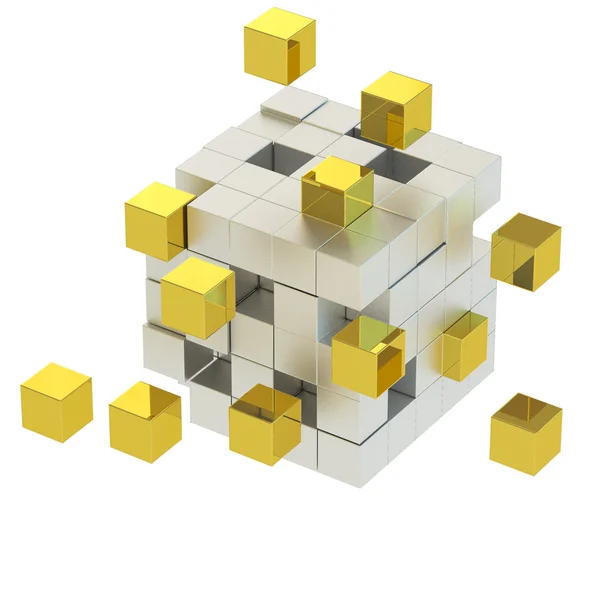 Cubo de ouro, Cubo montando a partir de blocos. Renderização 3d — Fotografia de Stock