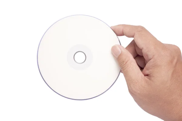 Isolerade handen håller vit Tom cd dvd — Stockfoto