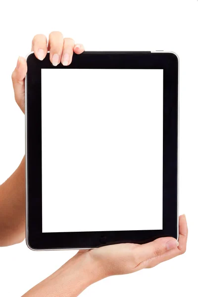 Na białym tle ręki trzymającej touchpad pc — Zdjęcie stockowe