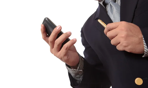 Business man with mobile phone to process his business — Stock Photo, Image