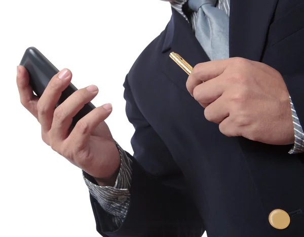 Деловой человек с мобильным телефоном для обработки своего бизнеса — стоковое фото