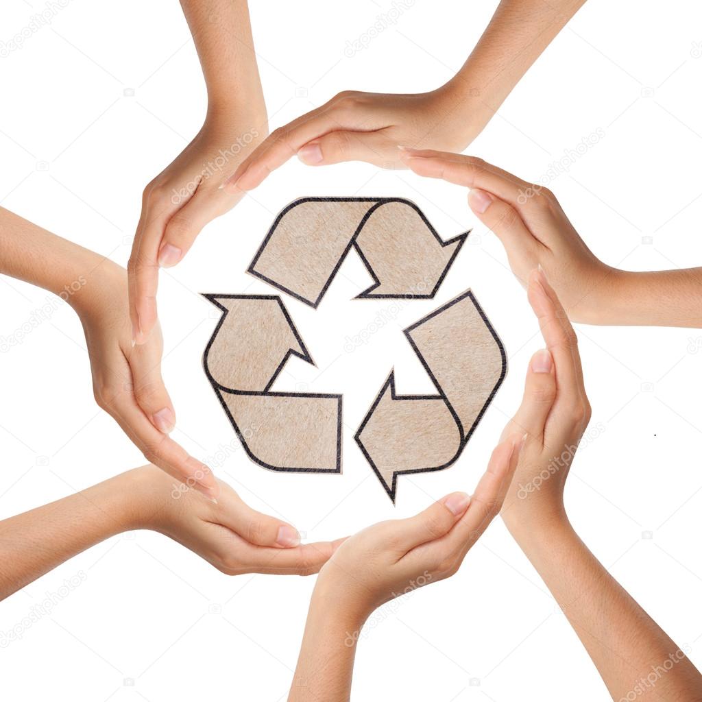Multiracial human hands making a circle with recycle sign