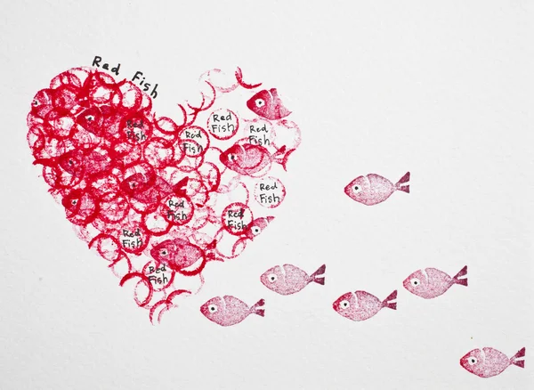 Abstrakt valentine färg, hjärta och röd fisk — Stockfoto