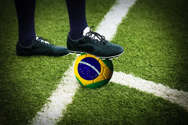 Football or soccer ball at the kickoff of a game — Stock Photo, Image