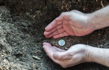 İki adamın elleri tarlaya ekilmiş bir avroyu kuşatıyor.