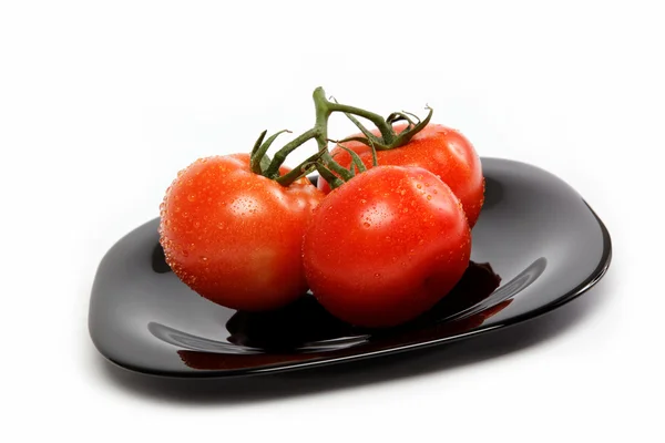 Pomodori freschi su un piatto, isolati su uno sfondo bianco . — Foto Stock