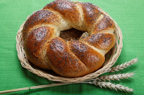 A fresh loaf of bread sprinkle with poppy seeds on a green canva — Stock Photo, Image