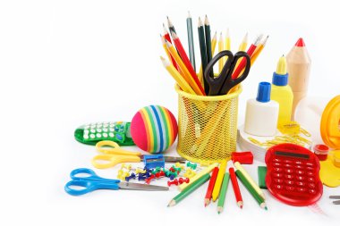 kantoor en student accessoires geïsoleerd op een witte achtergrond. b